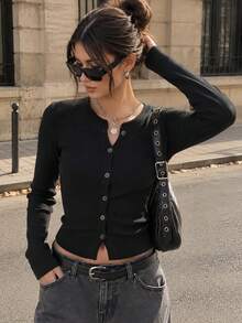 Women Fall Black Ribbed Knit Cardigan,Crew Neck Button Front Long Sleeve Sweater, Slim Fit Cropped Cardigan Top, Casual Vacation Back To School Outfit - Black - View 1
