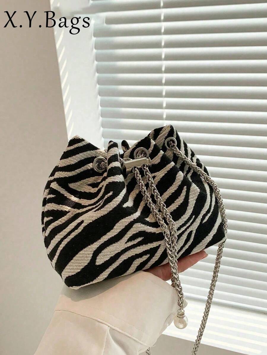 2026 New Zebra Print Drawstring Bucket Bag, Women's Fashion Chain Crossbody Bag With Pearl Decoration, Casual Mini Shoulder Handbag - Black and White - View 1