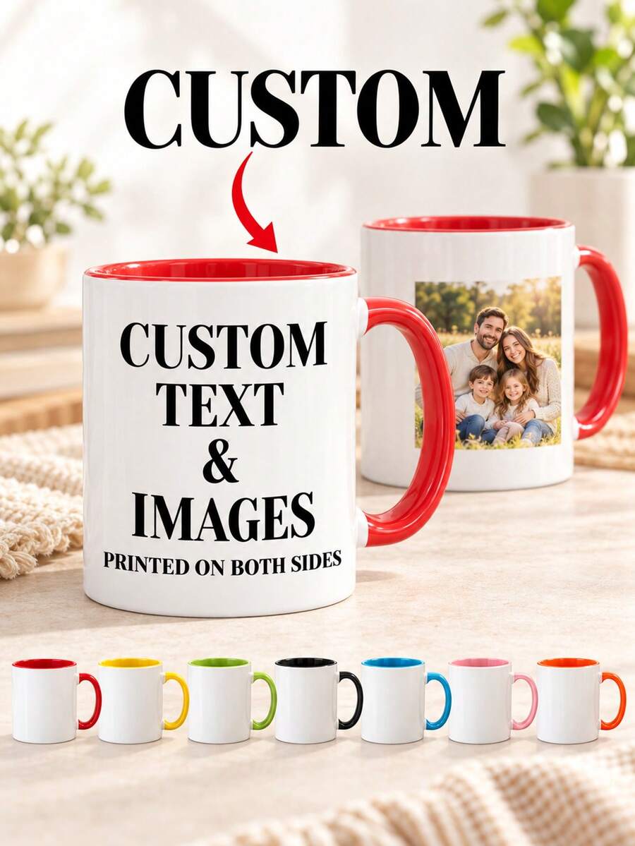 11oz Customized Photo Coffee Mug, Personalized Ceramic Tea Cup, Double-Sided Printed Text And Image, Customizable Dual-Color Body And Colorful Handle Inner Wall, Suitable For Office And Home, Unique Birthday, Christmas, Anniversary, Wedding Gift For Him/Her, 1pc