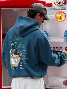Men's Fleece Hoodie With Coffee Cup Graphic And Text "Life Begins After COFFEE" Y2K, Autumn/Winter - Cow Blue - View 10