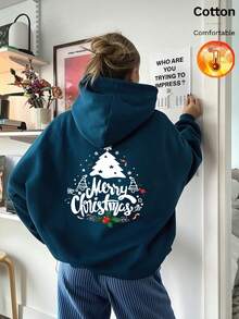 Autumn Winter Women's Fleece Hoodie With Christmas Tree And Merry Christmas Print Y2K - Cow Blue - View 11