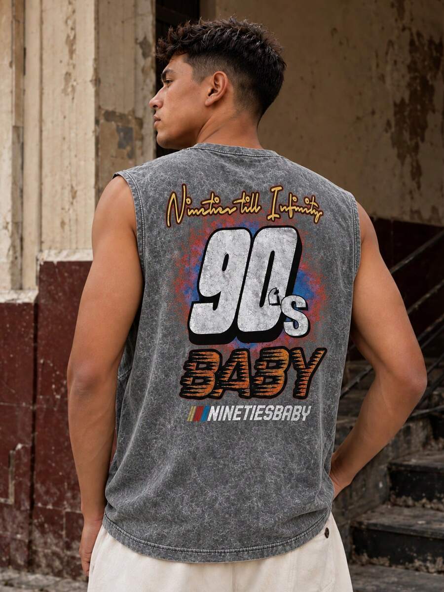 FRACTYR Men's Summer Casual Streetwear "90s BABY" Racing Style Print Washed Tank Top | Must-Have Vintage Streetwear Item - Dark Grey - View 1