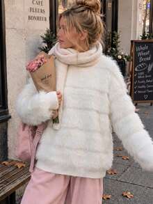 Girls Elegant Solid Color Faux Mink Fur Round Neck Sweater Long Sleeve Knit Pullover Suitable For Daily Casual Spring Autumn Winter - White - View 2