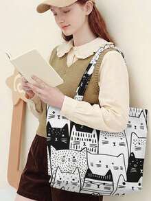 1/2pcs Cartoon Cat Line Art Print Corduroy Large Capacity Open Top Tote Bag, Holds Books Daily Essentials For Student School Shopping Daily Travel - Multicolor - View 6
