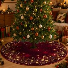 1pc Burgundy Starry Gold Music Symbol Pattern Christmas Tree Skirt, Elegant Holiday Decor, 5 Sizes, Unisex Holiday Gift, Suitable For Home And Party Christmas Home Decoration - Burgundy Starry Sky Gold Musical Note - View 2