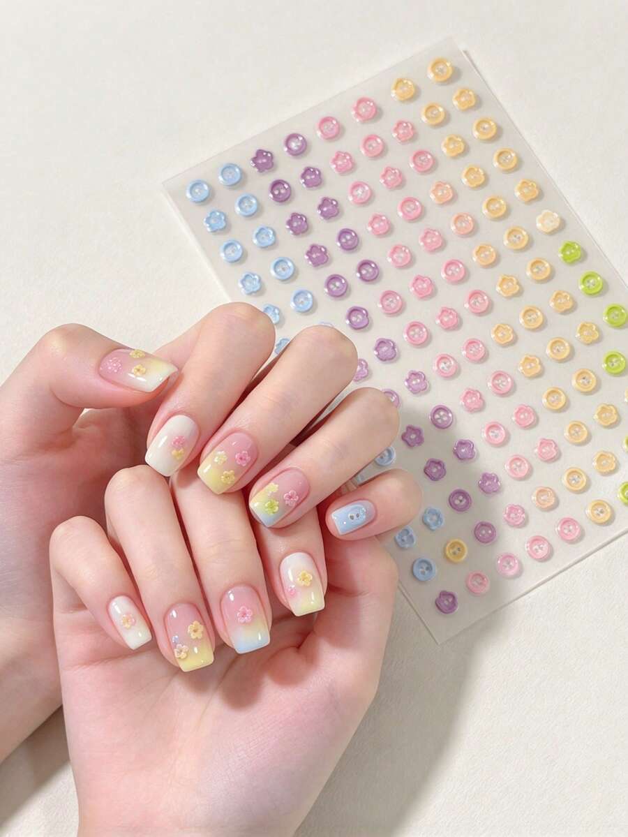 1 Sheet 3D Cute Button Nail Stickers, Macaron Color Buttons Self-Adhesive Nail Art Decals, Autumn Winter Nail Decorations