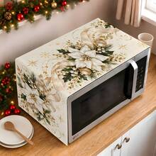 2dflat 1pc Luxury White & Gold Christmas Microwave Dust Cover, White Poinsettia Gold Ribbon Snowflake Print Microwave Cover Cloth Kitchen Decor - Multicolor - View 8