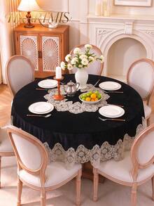HXARTMIS 1PC Black Velvet Round Tablecloth, Exquisite Embroidered Gold Thread Lace Scalloped Edge Decor Table Mat, Suitable For Dining Room, Kitchen, Wedding, Banquet, Home Decor, Dust-Proof Tablecloth - Black - View 1
