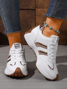 Women's Metallic Striped Lace Up Sneakers, Thick Sole Non Slip Casual Fashion Running Shoes - White - View 5
