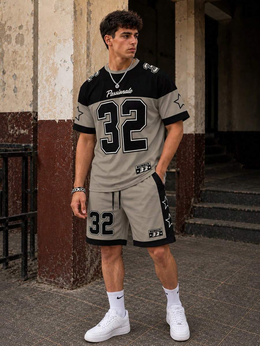 Fractyr 男士 2 件組 T-shirt 與短褲套裝,「32」數字與星星印花,柔軟觸感黑棕色休閒街頭穿搭,夏季套裝 - 摩卡棕 - 查看 1