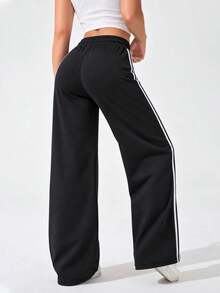Women Black Wide Leg Pants With Drawstring Elastic Waist And Double Side Stripes Casual Full Length Trousers For Daily Wear - Black - View 5