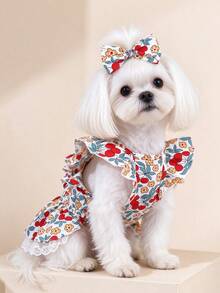 1pc Dog & Cat Mesh Wedding Dress With Bow, Cute Fashionable Elegant Charming Creative Personalized Design Printed Pet Dress - Multicolor - View 3