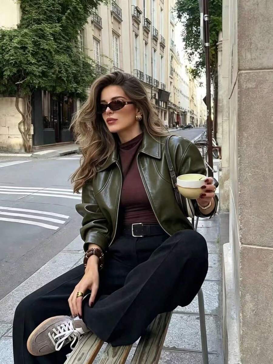Manny Style 美式復古極簡酷感翻領拉鍊酒紅色女款短夾克外套 - 軍綠色 - 查看 1