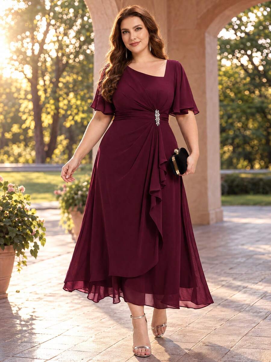 EVERPRETTY Plus Size Summer Elegant Chiffon Burgundy Bridesmaid Dress, Rhinestone & Bead Embellished, Wedding Guest Dress, Soft Ruffle Asymmetrical Hemline
