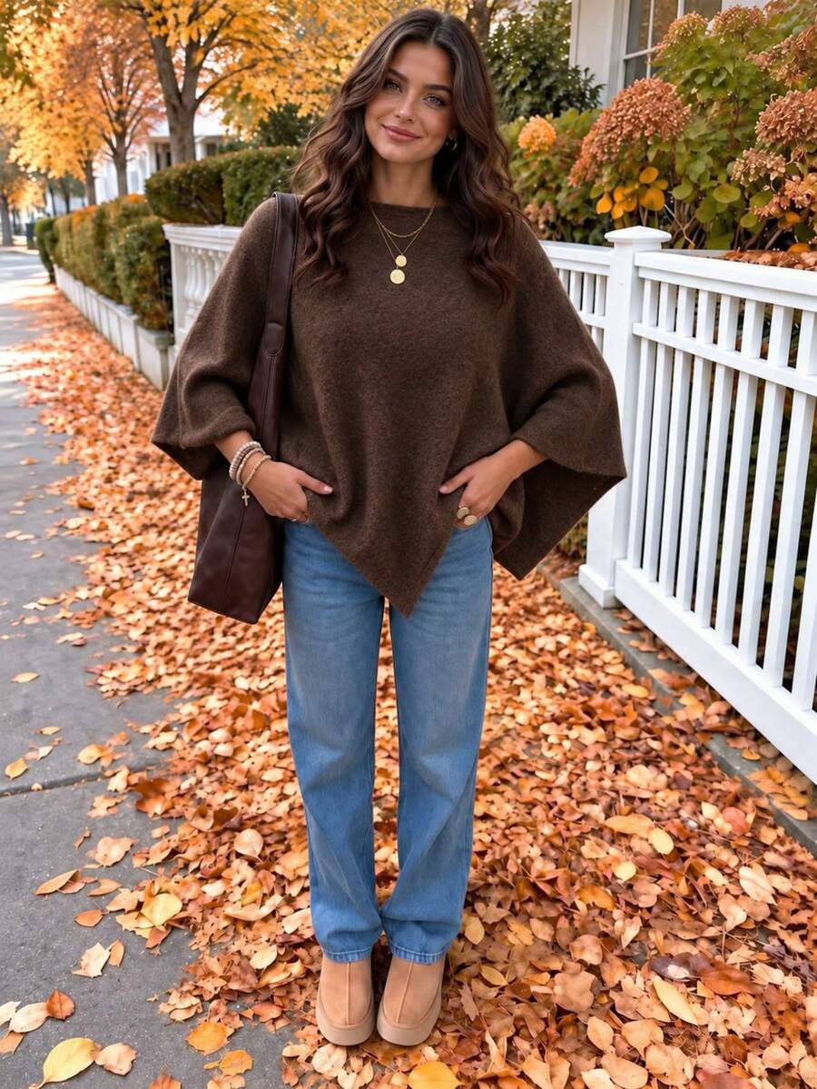 Women's Solid Color Casual Versatile Daily Wear Sweater, Autumn/Winter New Knit Cover Up, Brown Fashionable Outfit - Brown - View 1