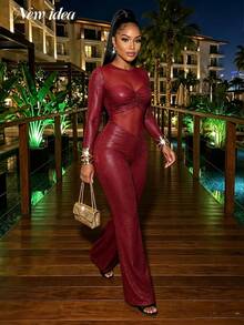 NEW IDEA Women's Sexy Edgy Burgundy Fall Winter Jumpsuit, Mesh Panel Long Sleeve Flared Leg Jumpsuit For Night Out, Club, Party, Cocktail - Burgundy - View 8