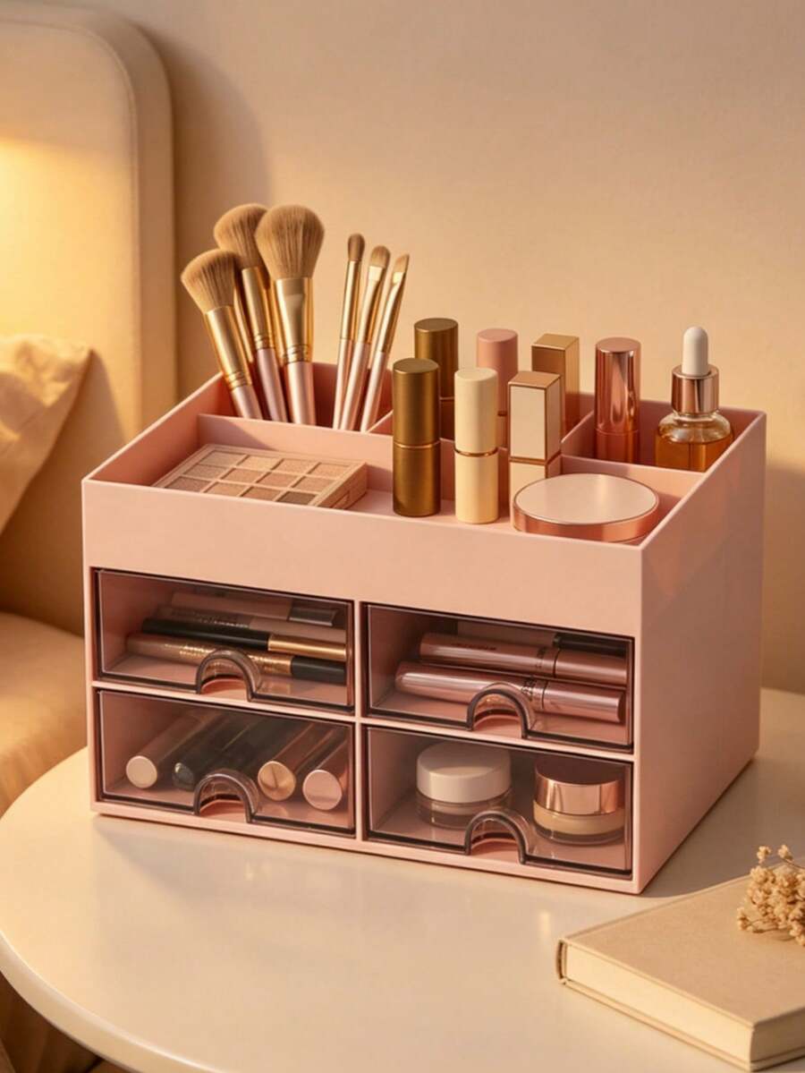1pc Desktop Storage Box With Drawer, Makeup Organizer For Vanity, Desktop Organizer, Suitable For Desktop Storage