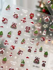 2pcs 5D Embossed Christmas Macaron Snowman Christmas Tree Nail Art Stickers Winter Red Snow Hut Snowman Snowflake Nail Decals Merry Christmas Cartoon Manicure Decoration - Multicolor - View 3