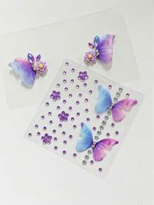 Tiebeauty 2pcs Blue-Purple Gradient Fabric Butterfly Face Rhinestone Sticker Set, 3D Flower Rhinestone Face Decor Stickers, Self-Adhesive Fairy Butterfly Face Jewels, Suitable For Music Festival, EDM Party, Cosplay, Christmas Party Makeup - Multicolor - View 7