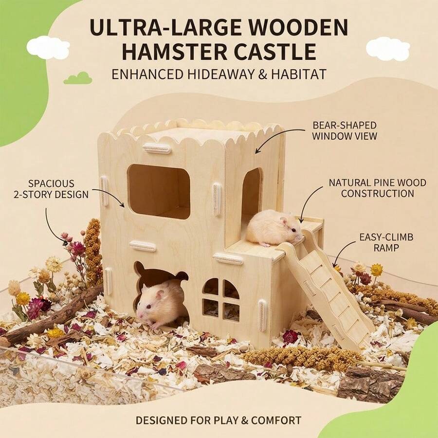 Double-Layer Solid Wood Hamster Castle, Loft Climbing Ladder, Golden Hamster Cage, Landscaping, Adventure, Hiding Wooden House - View 1