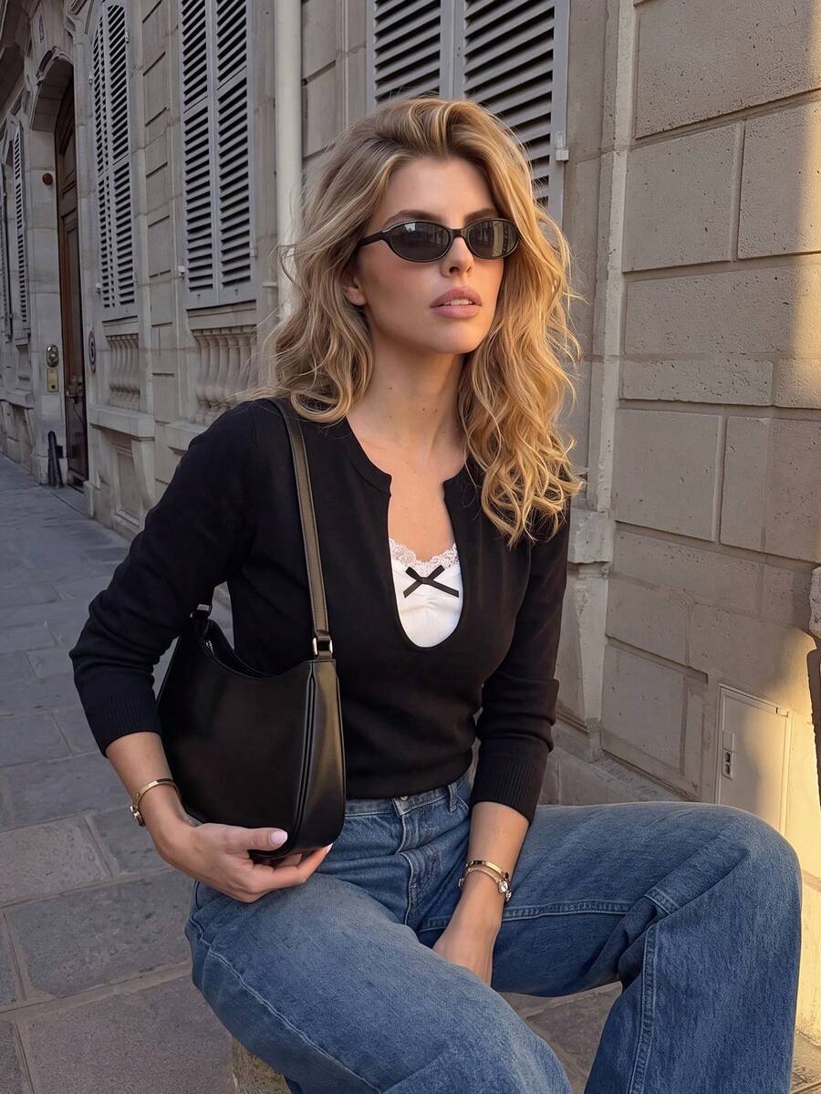 Women's Knitted Long Sleeve Cardigan, Regular Length, Preppy Style, Black And White Striped, Button Closure, Autumn/Winter - Black - View 1