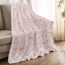 1PC-Pink Bow Vintage Floral Blanket-Modern Style-All Season Comfortable Soft Polyester Knitted Fabric, Multi-Purpose, Suitable For Sofa, Bed, Travel, Camping, Chair, Holiday Gift Blanket - Pink - View 3