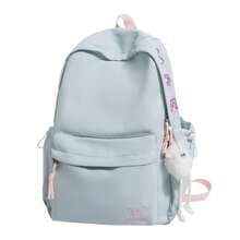 Bow Embroidery School Backpack + Multi Pocket Large Capacity + Teen Girls Daily School Commute + Lightweight Sweet Pastel Blue Bookbag - Multicolor - View 13