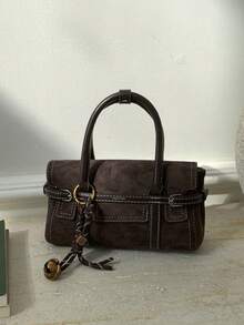 Handbag With Square Small Body, Paired With Double Short Handles, Decorated With Leather Straps And Metal Rings, Hanging Key Bell Shaped Charm, Comes With Detachable Long Shoulder Strap. Can Store Phone, Lipstick And Other Personal Items Inside, Two Carrying Ways: Handheld And Crossbody, Vintage Cargo Style Style, Suitable For Daily Outings - Coffee Brown - View 5