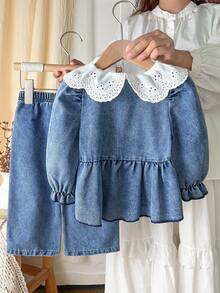 2pcs/Set Baby Girl Outfit, Ruffled Oversized Collar Long Sleeve Top + Elastic Waist Wide Leg Pants, Washed Texture Fabric, Puff Cuffed Sleeves, Sweet Princess Style, Spring/Autumn Baby Casual Outing School Party Set - Light Wash - View 3