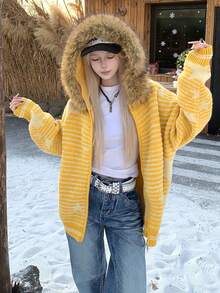 Women's American Retro Striped Star Pattern Oversized Fur Collar Hooded Cardigan Sweater, Thick Autumn/Winter Coat - Yellow - View 5