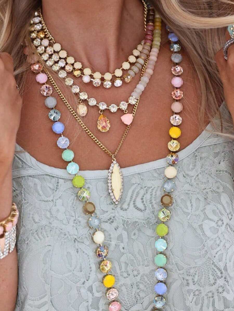 1pc Colorful Macaron Layered Long Necklace, Gold Candy Rainbow Chain & Pendant, Y2K Dopamine Bohemian Style Women's Vacation Party - Macaron Necklace - View 1