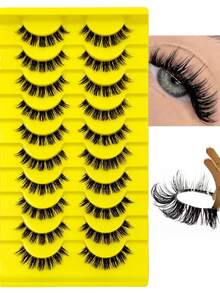 Sibeuna 10 Pairs D Curl Fluffy Eyelashes Clear Band Natural Soft Lashes Cross & Wispy Cat Eye Lashes Faux Mink Full Strip Eyelashes Russian Volume Lashes Reusable Party,Vocation,Beach,Travel Essentials - Black - View 3