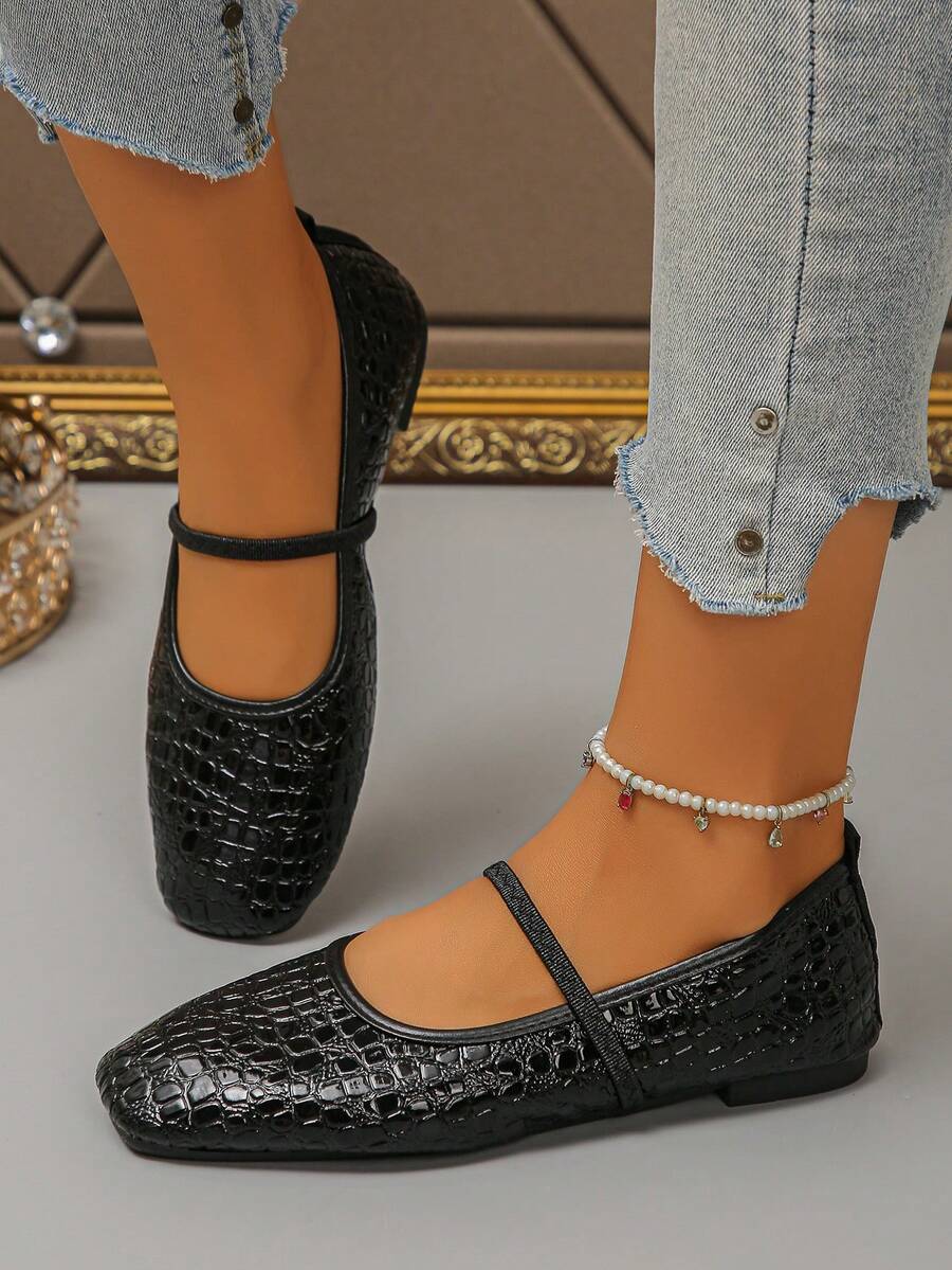 Women Flat Shoes, Square Toe, Instep Strap, Slip On, Easy Wear, Comfort - Black - View 1