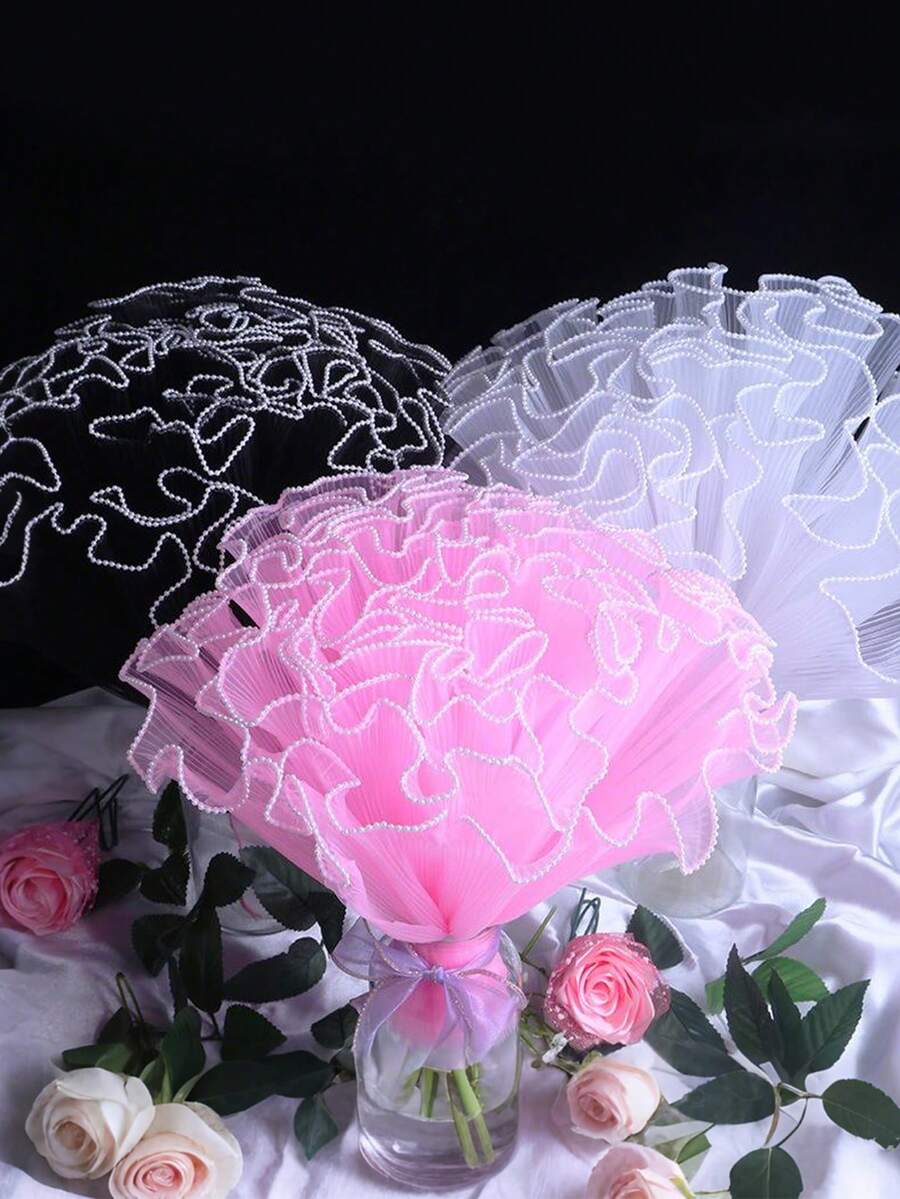 Faux Pearl Edge Floral Packaging Mesh Paper, Pleated Wavy Mesh, DIY Handmade Pleated Organza Ribbon, Washable And Reusable Fabric, Floral Supplies, Wedding Gift Packaging, Holiday Party Decoration - One Size - View 1