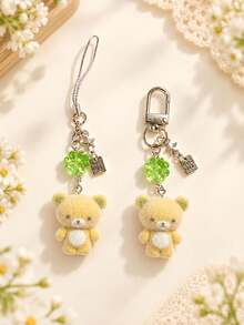2Bear Keychain Phone Charm,Kawaii Coquette Bag Charm,Flocked Mini Bear Four Leaf Clover Good Luck Star Pendant,Sweet Aesthetic Backpack Key Ring Gift. - Multicolor - View 11