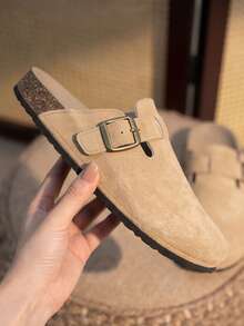Women's Vintage Suede Adjustable Buckle Closed-Toe Half-Slip-On Casual Versatile Slouchy Mule Slippers - Khaki - View 5