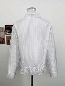 Korean Style Casual Vertical Striped Collared Long Sleeve Shirt With Small Embroidery Pocket, Waist-Cinching Ruffle Hem, Slimming Fit For Women, Autumn/Winter - White Stripes - View 7
