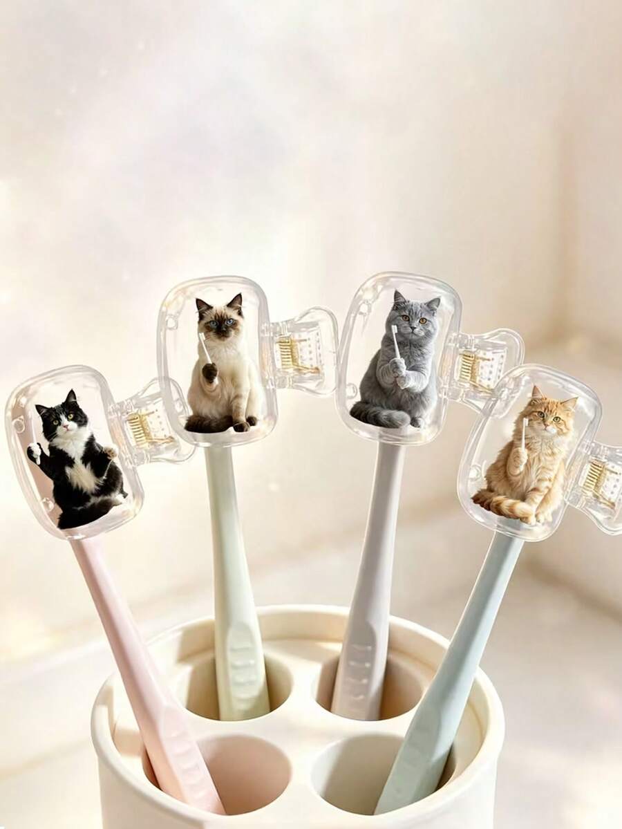 Portable Cat-Print Toothbrush Travel Case - Cute Travel And Home Storage Organizer With Transparent Lid, Durable Plastic Protective Cover. Suitable For Bathroom, Bedroom, Travel Essentials, Room Decor. Cute Design, Lightweight Material - Multicolor - View 1