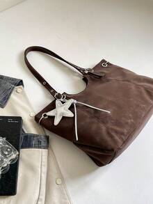 Women's Large Capacity Tote Bag, Vintage Dark Brown Large Shoulder Bag, Versatile Commuter Handbag With Star Pendant Decoration - Coffee Brown - View 6
