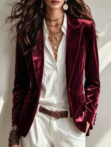 Women's Casual Velvet Fabric Slim Fit Single Breasted Long Sleeve Blazer Jacket, Suitable For Commuting, Autumn/Winter Fall - Burgundy - View 2