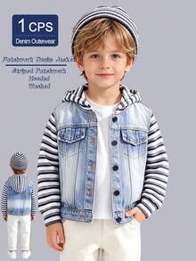 Young Boys Spring Fall Hooded Denim Jacket Denim Top Outerwear Striped Knit Sleeves Washed Button Front Long Sleeve Pockets Casual Outdoor Wear - Blue - View 1