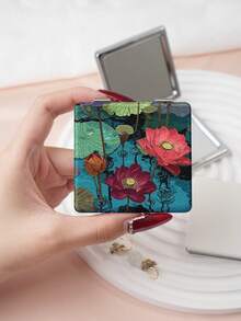 1PC Ins Lotus Pond Series Portable Vanity Mirror, Foldable Lightweight Ultra-Thin Convenient Hand Mirror, PU Leather, Suitable For Multiple Scenarios And All People, Foldable Small Square Mirror, Pocket Mirror, Fresh Lotus, Koi, Frog Printed Pattern Design, Exquisite Handheld 180° Flip Cover, Multi-Functional Mini Mirror, Compact Mirror, Mirrors, Daily, Holiday, Birthday, Valentine's Day, Mother's Day - Multicolor - View 6