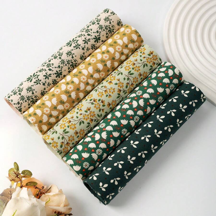 5pcs 23.5*30cm Green Floral Series Fabric Set, Handmade DIY Patchwork Fabric Set, Sewing Fabric Set - Green 23.5*30cm-1 - View 1