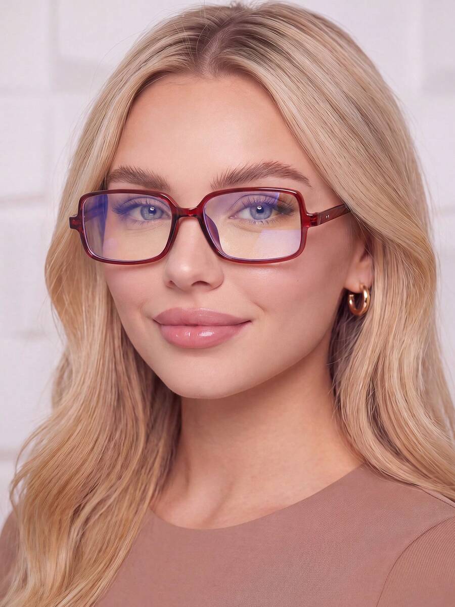 1 Pair Rectangular High-Quality Glasses, Hong Kong Style Vintage Hot Girl Streetwear Essential Non-Prescription Glasses, Suitable For Daily Reading, Gaming, Computer, Phone, TV - Red Frame Transparent Lens - View 1