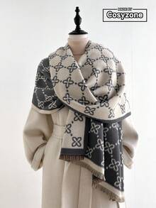 1pc Elegant Clover Patterned Warm Scarf For Women, Faux Cashmere, Fashionable For Fall/Winter Outfit Decor - Multicolor - View 6