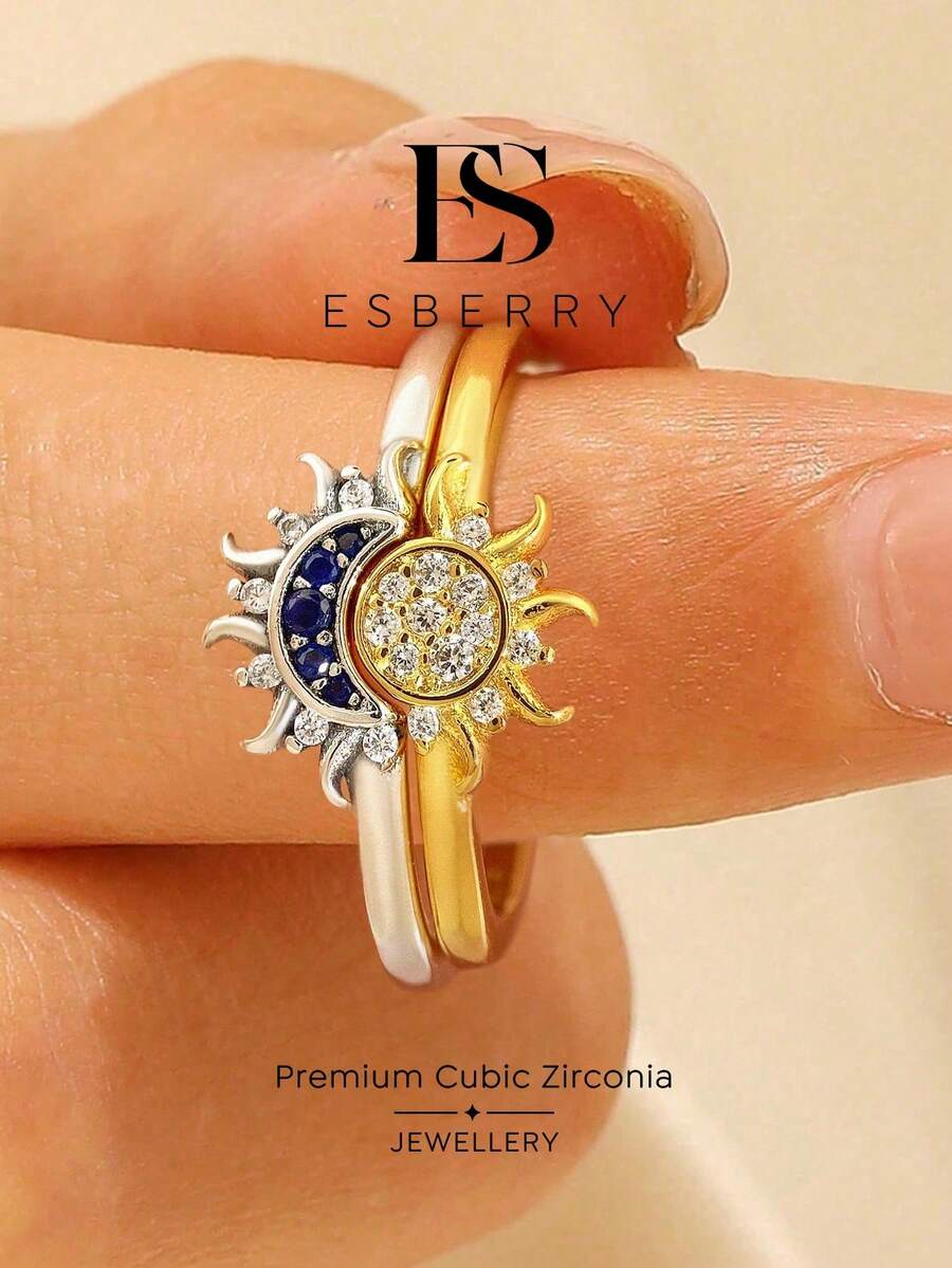 ESBERRY 2pcs/Set Luxury Sun Moon Cube Cubic Zirconia Stackable Ring Set, Suitable For Valentine's Day, Wedding, Birthday Party And Other Occasions, Exquisite Jewelry