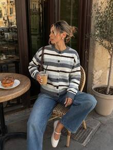 Women's Striped Knit Cardigan, Button Front, Long Sleeve Round Neck, Regular Fit, Medium Stretch, Autumn/Winter Casual Knit Sweater - Multicolor - View 8