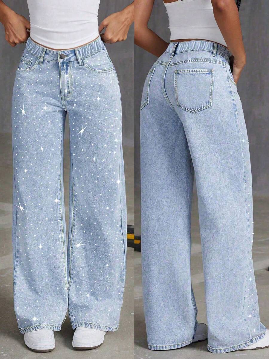 Tween Girl Y2K Design Loose Straight Leg Jeans, Casual Vacation, Washed Blue Denim, Elastic Waist, Rhinestone Decor, Soft Cotton Non-Stretch Material, Suitable For Daily, Commute, Outing, Party - Light Wash - View 1