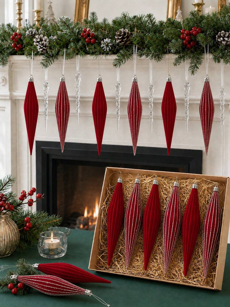 2/6/12pcs Red Icicle Christmas Hanging Ornaments, Velvet Texture Ribbed Finish With Silver Stripes, Suitable For Christmas Tree, Wreath, Garland, Fireplace And Party Decoration, Holiday Home Decor, Adult Seasonal Christmas Gift - Multicolor - View 1