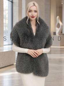 1pc Women's Solid Color Fashion Polyester Faux Fur Shawl, Suitable For Bridal, Evening Party And Autumn/Winter Daily Wear - Dark Grey - View 5